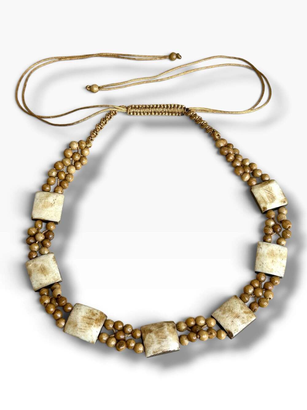 Vintage Boho Natural Wood Bead Stone Beaded Necklace Multi Strand Adjustable